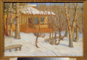 Frost och sol. Målning av Pyotr Ivanovich Petrovichev (Pyotr Petrovichev) (1874-1947), olja på duk