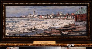 Isdrift på Volga, nära Yaroslavl (Ryssland). Verk av Pyotr Ivanovich Petrovichev (Piotr Petrovichev) (1874-1947), olja på kartong