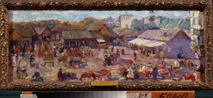 Marknaden i Pskov (Ryssland). Verk av Pyotr Ivanovich Petrovichev (Piotr Petrovichev) (1874-1947), olja på kartong av Petr Ivanovic Petrovichev