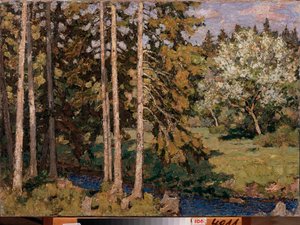 Äppelträd i maj. Målning av Pyotr Ivanovich Petrovichev (Piotr Petrovichev) (1874-1947), olja på duk. Rysk konst, 1900-talslandskap, modernism. Regional Art Gallery, Chelyabinsk (Ryssland).