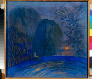 ""Månmotiv"" Månlandskap Målning av Pyotr Savvich Utkin (1877-1934) 1906 Dim 46x44 cm Tempera på duk Privat samling