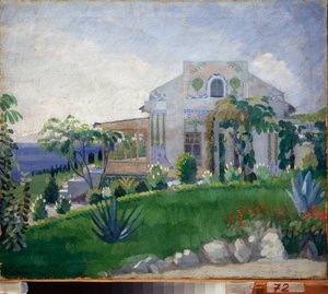 Vue de la propriete Zhukovsky (Joukovsky) a Kuchuk Koy (Ukraina) (Utsikt över Zhukovsky Estate vid Kuchuk-Koy) - Oeuvre de Pyotr (Piotr, Petr) Savvich Utkin (Outkine) (1877-1934), tempera sur toile