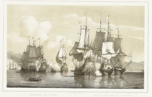 Sjöslaget vid Livorno, 1653 Sjöstrid vid Livorno. 14 mars 1653 / Combat naval près de Livourne. 14 mars 1653 (titel på objekt)