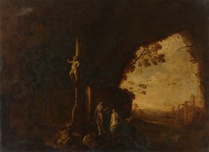 Nymfer i en grotta med antika ruiner av Petrus van Hattich