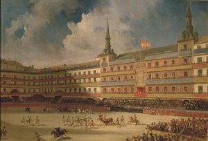 Tjurfäktning på Plaza Mayor i Madrid under firandet av bröllopet av hertigen av Montpensier