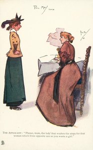 Anställningsintervju för en tjänst som piga (färg litho)