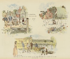 Three Men in a Punt, to Say Nothing of the Lunch, the Story of a Quarter of an Hour (chromolitho) av Phil May