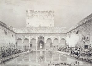 Pool och fontän på innergården i Alberca, Alhambra, skylt 21 från 
