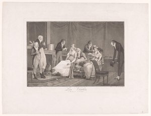 Sällskap av unga kvinnor och män i en interiör Les Visites (titel på objekt) av Philibert Louis Debucourt