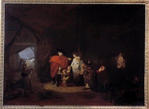 Mänsklighetsdrag hos Ludvig XVI: vintern 1784 ger kungen almonen till invånarna i Versailles Målning av Louis Philibert Debucourt (1755-1832) 1785 Sön. 0,61x0,83 m av Philibert Louis Debucourt