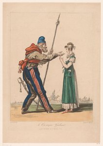 Meisje sätter Kozak Den galna kosacken. (titel på objekt) Kostuumprenten van Debucourt (serietitel) Samling av kostymer hämtade från naturen (serietitel) av Philibert Louis Debucourt