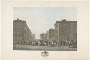 Band vid invigningen av William I i Bryssel den 21 september 1815 Tolv skyltar av William I:s ankomst och invigning i Bryssel och striderna vid Quatre-Bras och Waterloo 1815 (serietitel) av Philibert Louis Debucourt