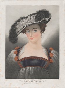 Porträtt av Susanna Lunden, iklädd bredbrättad hatt med fjädrar, ca. 1809-35.. av Philibert Louis Debucourt