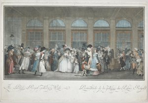 Palais Royal Gallerys promenad av Philibert Louis Debucourt