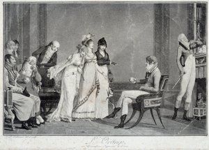 Den orange eller moderna domen i Paris Parodi på domen i Paris som iscensätter en ung man i stil med Directoire (Otroligt) att välja mellan tre underbara. Tryck av Philibert Louis Debucourt (1755-1832) 1800 runt Paris, Musee Carnava av Philibert Louis Debucourt