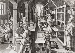 Ett europeiskt tryckeri cirka 1590 (gravyr) av Philip (after) Galle