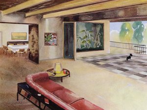 1930-talsinredning: Hall med terrass (färg litho)