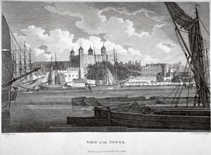 Utsikt över Tower of London med båtar på Themsen, c1790