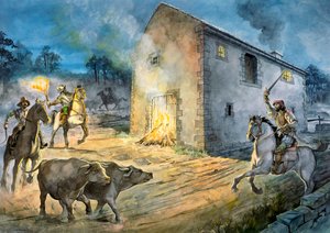 Reivers plundrar Birdoswald, 1500-talet, c1990-2010 av Philip Corke