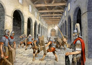 Romerskt infanteri utövar strid, c3:e århundradet, c1990-2010 av Philip Corke