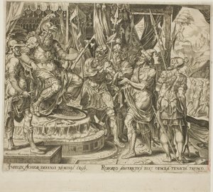 Achior vädjar till Holofernes för israeliterna, tavla ett från The Story of Judith and Holofernes