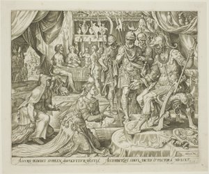 Judith Presenteras för Holofernes, tallrik fem från The Story of Judith and Holofernes av Philip Galle