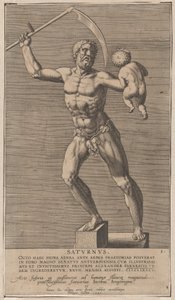 Plåt 1: Saturnus, staty av den nakna guden som står på en sokel och håller en lie på höger sida..., 1586.