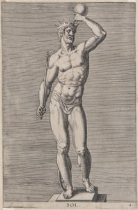 Plåt 4: Apollo, staty av den nakna guden som står på en sockel, bär en krona och håller en..., 1586.