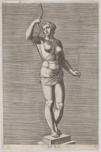 Plåt 7: Diana, staty av den nakna gudinnan som står på en socle, bär en halvmåne i..., 1586.