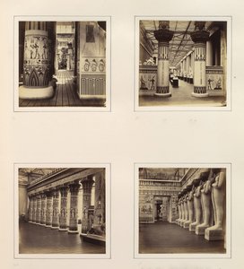 [Utsikt över den egyptiska domstolen, Utsikt genom egyptiska kolonner till klassisk skulptur..., ca. 1859. av Philip Henry Delamotte.