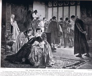 Den engelska ambassaden under massakern i St Bartholomew, illustration från Hutchinson