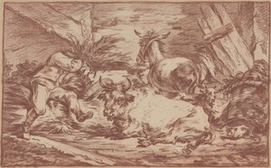 Djur i ett stall (röd krita på liggande papper) av Philip James de (1740-1812) Loutherbourg