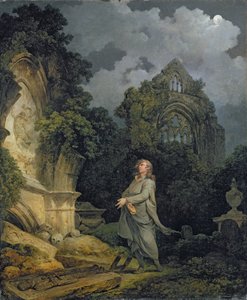 Besökare på en månbelyst kyrkogård