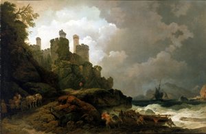 Ein Fischerboot an Land gezogen, in der Nähe von Conwy Castle (Wales). Öl auf Leinwand, um 1800, von Philippe-Jacques de Loutherbourg (1740-1812)