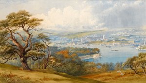 Devonport och Stonebridge från Mount Edgecombe Park, 1880 (wc på papper) av Philip Mitchell