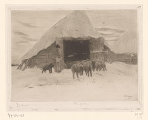 Shepherd leder en flock får in i en lada Grange dans la neige (originaltitel)