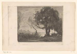 Landskap med en flöjtspelare under ett träd och en siluett av en stad Soir (originaltitel) av Philip Zilcken (signed by artist)