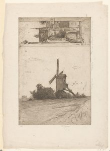 Väderkvarn i ett ängslandskap och utsikt i Ravensteinstraat i Bryssel Vieux moulin a Laeken / Rue Ravenstein (Bruxelles) (originaltitel) av Philip Zilcken (signed by artist)