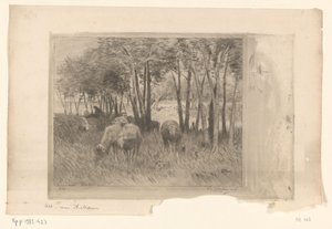Flock av får och herde på en äng med träd Moutons (originaltitel) av Philip Zilcken (signed by artist)
