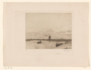 Segling med en roddbåt i ett ängslandskap med en väderkvarn Paysage (originaltitel) av Philip Zilcken (signed by artist)