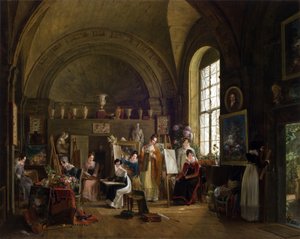 Interiör av studion av Van Dael och hans elever vid Sorbonne, 1816