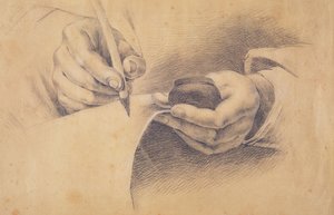 Drawing Hands, 1798 (svart krita förhöjd med vitt på brunt papper) av Philipp Otto Runge