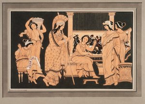 Athena bei der mit Webereien beschäftigten Penelope