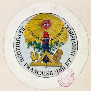 Franska revolutionen: sigill dekorerar symboler för republiken och för fritillverkningsindustrin. Gravyr av Philippe Auguste Hennequin (1762-1833) 1792 Paris. Carnavalet Museum
