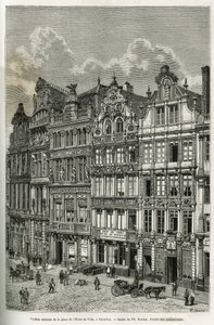 Gamla hus på stadshustorget i Bryssel. Gravyr av Ph. Benoist, för att illustrera historien om Belgien av Camille Lemonnier, publicerad i tour du monde, under ledning av Edouard Charton (1807-1890), Paris av Philippe Benoist