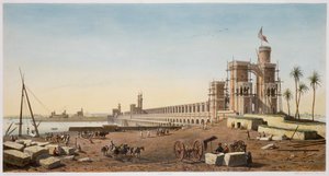 Dammen över Nilen, byggnaden av Aswan-dammen, Egypten, 1853