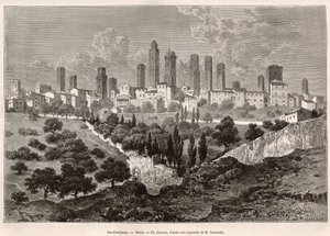 Utsikt över San Gimignano (Toscana, Italien). Gravyr efter ritning av Ph. Benoist, för att illustrera Francis Weys resa till Toscana och Umbrien 1875, publicerad i "Le tour du monde" 1876, redigerad av Edouard Charton, Hachette edition, Paris. Selva