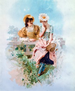 Förtroende Två unga flickor som viskar hemligheter. Litografi av Philippe Jacques Linder (1835-?) Privatsamling från 1800-talet