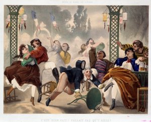Asnieres kasino Det är bra gjort det behövde inte gå dit”” Populär underhållningsscen, en man får foten i en pall och faller mitt på dansgolvet. Litografi av Philippe Jacques Linder (1835-?). Serie Musee de Moeurs et d