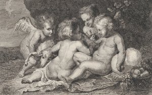En grupp på tre barn och en putto med frukt och ett lamm, ca. 1760-1801. av Philippe Lambert Joseph Spruyt
